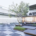 Modern Residential Landscape With Glass Facade Courtyard Water Pool Tree And Platform Seating