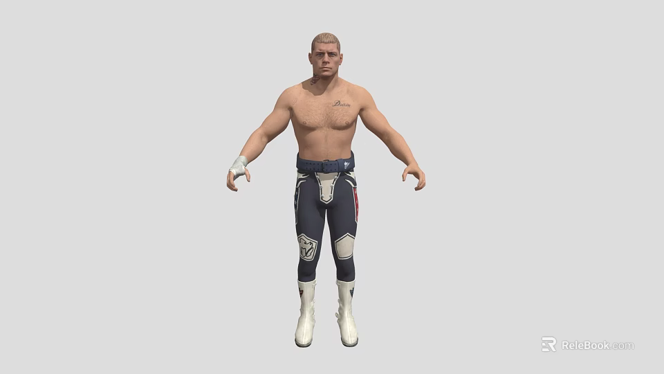 Shirtless Man With Tattoos Wrist Wraps Wearing Dark Tight Pants White Patterns And White Boots 3d model 