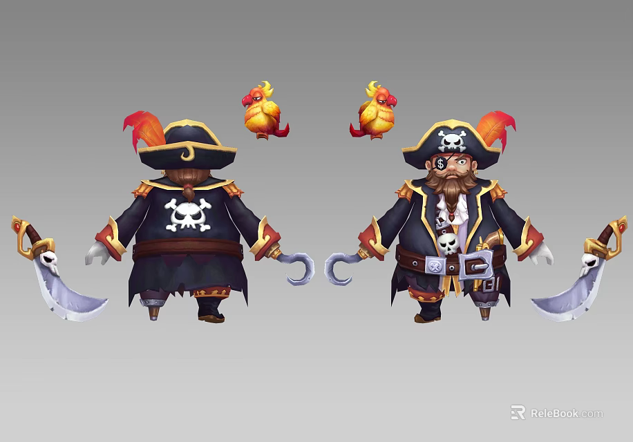 Cartoon Pirate Game Character With Front Back Views Skull Logo Scimitar And Parrot 3d model 
