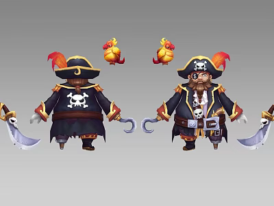 Cartoon Pirate Game Character With Front Back Views Skull Logo Scimitar And Parrot 3d model