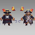 Cartoon Pirate Game Character With Front Back Views Skull Logo Scimitar And Parrot