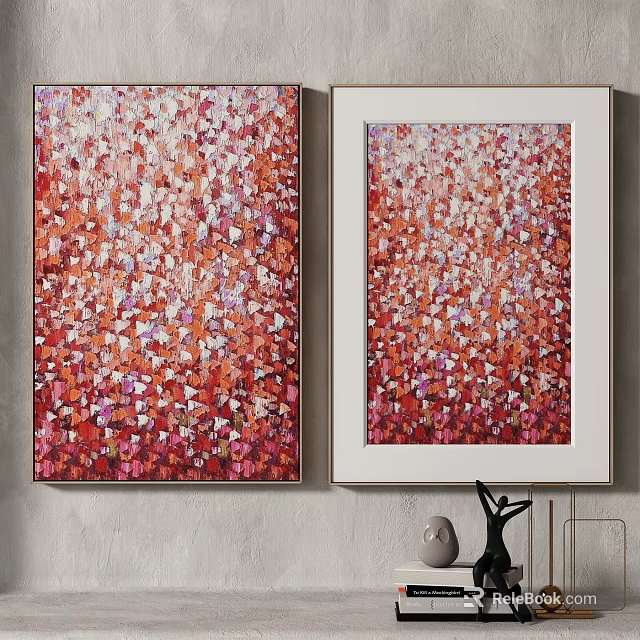 Abstract Wall Art With Red Pink White Fragmented Patterns In White Frames On Gray Wall 3d model