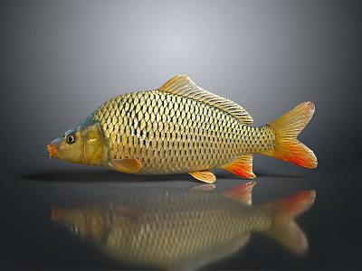 Golden Carp Aquatic Animal with Shiny Scales and Reflection on Gray Background 3d model