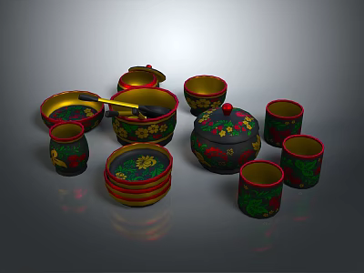 Traditional Decorative Tableware Set With Floral Patterns And Red Green Gold Accents 3d model
