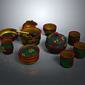 Traditional Decorative Tableware Set With Floral Patterns And Red Green Gold Accents