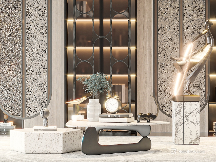 Elegant Contemporary Coffee Table With Marble Top Metal Frame Books And Sculpture Decor 3d model 