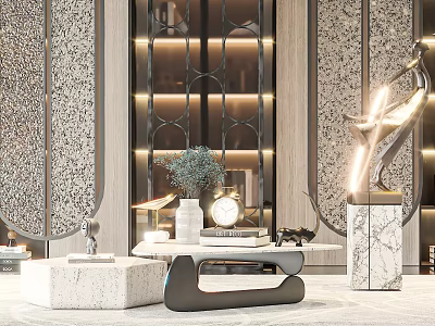 Elegant Contemporary Coffee Table With Marble Top Metal Frame Books And Sculpture Decor 3d model