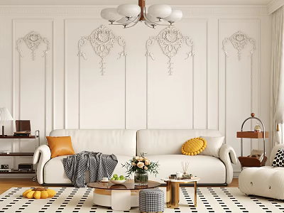 White Sofa And Coffee Table Set With Throw Pillows Blanket Flowers And Decorative Wall Chandelier 3d model