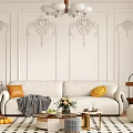 White Sofa And Coffee Table Set With Throw Pillows Blanket Flowers And Decorative Wall Chandelier