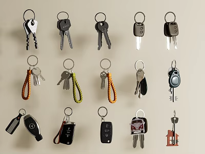 Variety of Keychains With Different Designs Including Car Keys House Keys and Colorful Straps 3d model