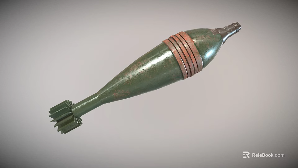 Green Cylindrical Military Weapon With Metal Body Copper Bands And Fins 3d model 
