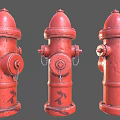 Three Red Vintage Fire Hydrants With Classic Design And Metal Chain Details