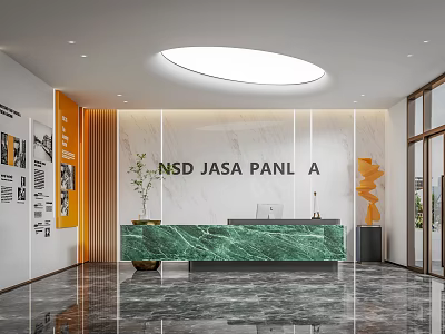 Sleek Modern Reception Desk With Green Marble Countertop Orange Decor And Circular Light 3d model