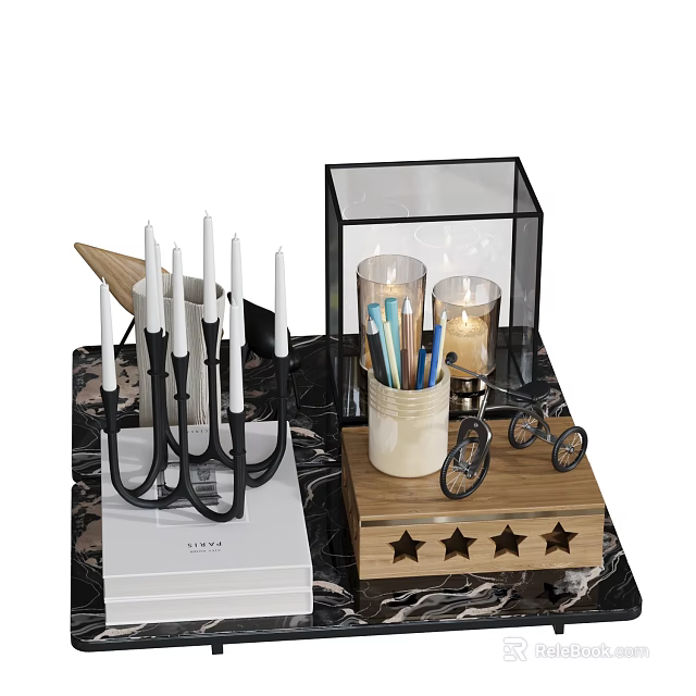 Decorative Ornament Set With Black Metal Candle Holder Glass Lantern And Wooden Star Box 3d model 