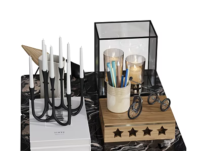 Decorative Ornament Set With Black Metal Candle Holder Glass Lantern And Wooden Star Box 3d model
