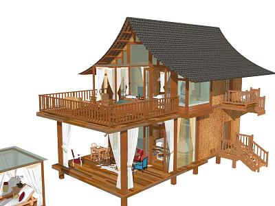 Traditional Wooden Guesthouse Building Featuring Sloped Roof Balcony Railing and Open Living Space 3d model