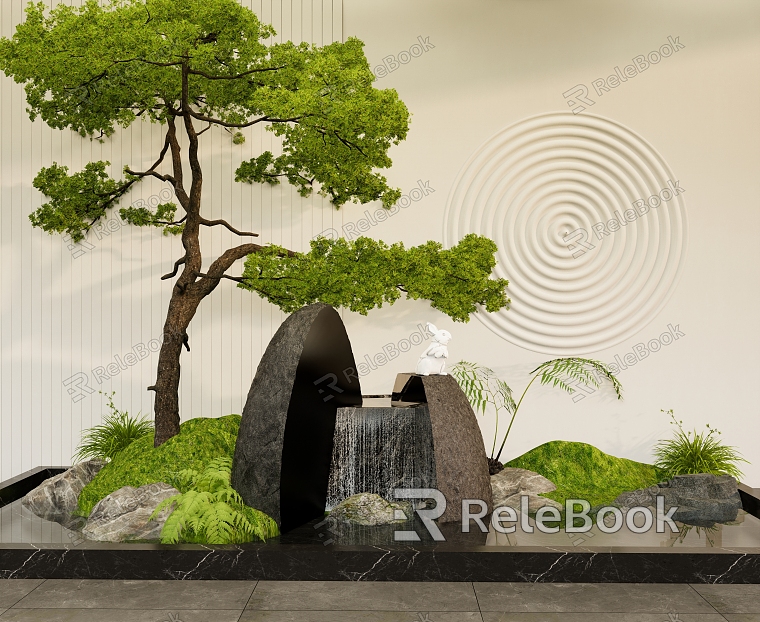 Courtyard landscape sketch landscape landscape trees flowing water stones falling water Pohan pine ferns model