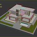 Modern Two Story House with Flat Roof Brick Walls Swimming Pool and Green Lawn
