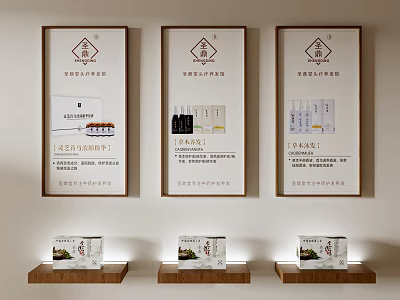 Three Vertical Wall Posters Displaying Product Information With Wooden Shelves Below 3d model