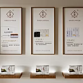 Three Vertical Wall Posters Displaying Product Information With Wooden Shelves Below