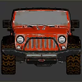 Red Off Road Jeep Style Vehicle With Black Roof Open Top And Large Tires