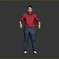 Game Movie Character In Red Shirt Blue Jeans And Blue Sneakers Standing Against Gray Background