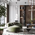 Modern Luxury Living Room Interior With Green Sofa Brown Armchair Marble Wall And Chandelier