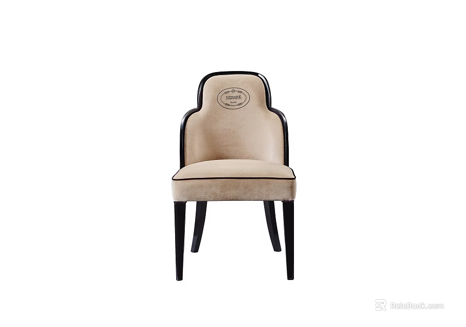 Elegant Beige Upholstered Dining Chair with Dark Frame Round Backrest Emblem and Slender Legs 3d model 