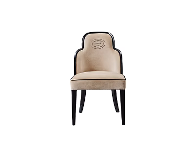 Elegant Beige Upholstered Dining Chair with Dark Frame Round Backrest Emblem and Slender Legs 3d model