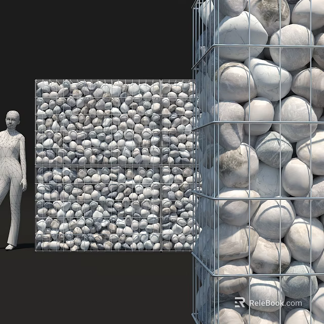 Natural Stone Wall And Wood Texture Design With Wire Mesh Containing Stones 3d model 