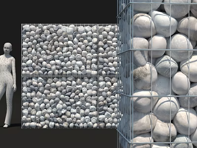 Natural Stone Wall And Wood Texture Design With Wire Mesh Containing Stones 3d model