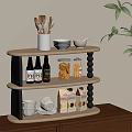 Two Tiered Light Wood Storage Shelf With Kitchen Utensils Bowls Beer And Snacks
