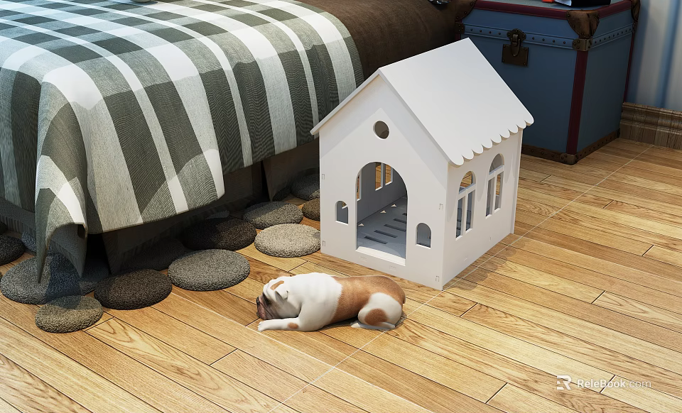 White House Shaped Decorative Cabinet With Bulldog On Wooden Floor And Round Stones Near Bed 3d model 