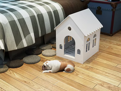 White House Shaped Decorative Cabinet With Bulldog On Wooden Floor And Round Stones Near Bed 3d model