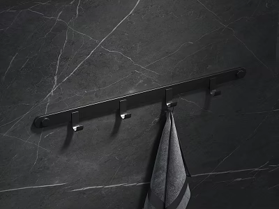 Black Marble Wall With Black Hook Rod And Gray Towel Hanging On Hooks 3d model