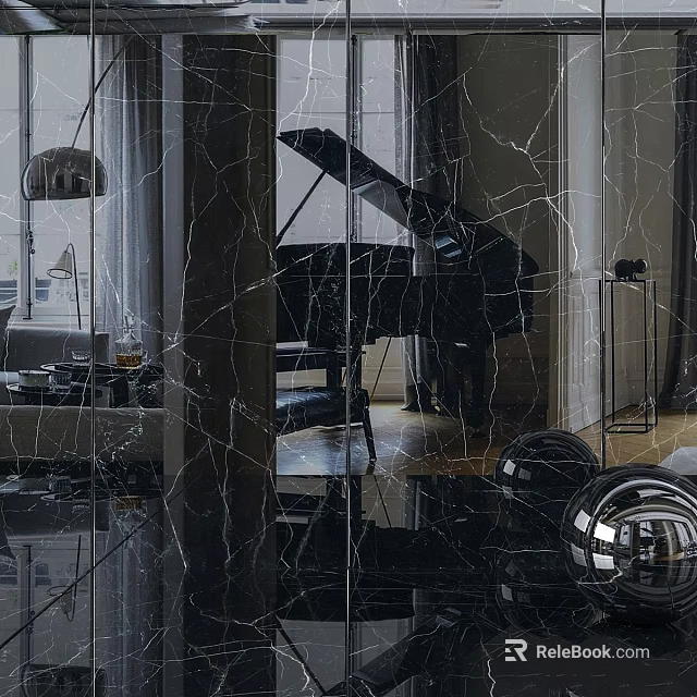 Modern Interior Space With Black Grand Piano Floor to Ceiling Windows and Metallic Sphere Decor 3d model 