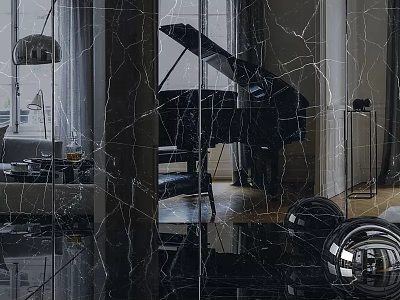 Modern Interior Space With Black Grand Piano Floor to Ceiling Windows and Metallic Sphere Decor 3d model