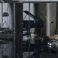 Modern Interior Space With Black Grand Piano Floor to Ceiling Windows and Metallic Sphere Decor