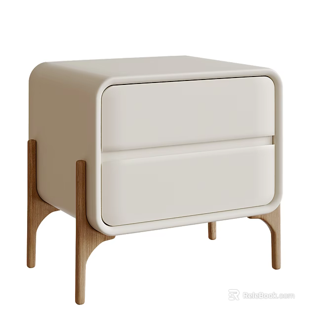 Modern Beige Bedside Table With Two Drawers And Wooden Legs Clean Design 3d model 