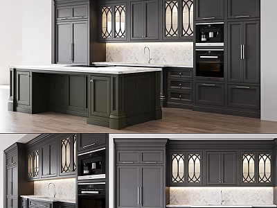 Modern Kitchen Interior With Dark Cabinets Glass Doors And Island Countertop 3d model
