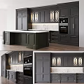 Modern Kitchen Interior With Dark Cabinets Glass Doors And Island Countertop