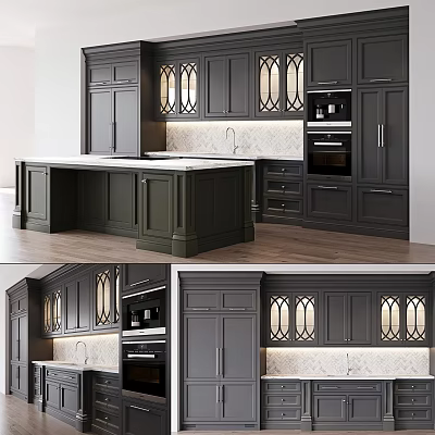 Modern Kitchen Interior With Dark Cabinets Glass Doors And Island Countertop 3d model