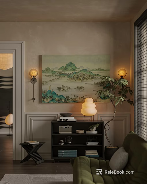 Elegant Modern Lounge Room Interior With Green Landscape Painting Wall Lamps And Potted Plant 3d model 