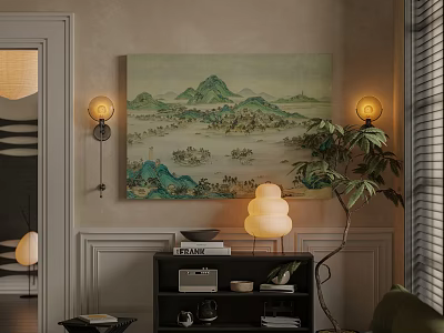 Elegant Modern Lounge Room Interior With Green Landscape Painting Wall Lamps And Potted Plant 3d model
