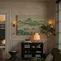 Elegant Modern Lounge Room Interior With Green Landscape Painting Wall Lamps And Potted Plant