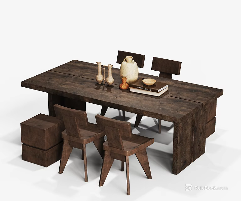 Rustic Wooden Dining Table Set With Four Chairs And Ceramic Vase Candles Books Bowl 3d model 