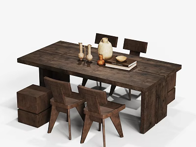 Rustic Wooden Dining Table Set With Four Chairs And Ceramic Vase Candles Books Bowl 3d model