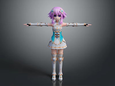 Anime Character Pink Hair Purple Eyes Blue White Dress White Gold Accents Standing Arms Outstretched 3d model