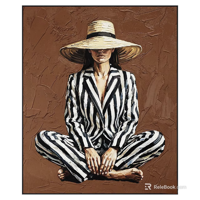 Abstract Painting Featuring Woman in Black White Striped Suit With Straw Hat Brown Background Texture 3d model 