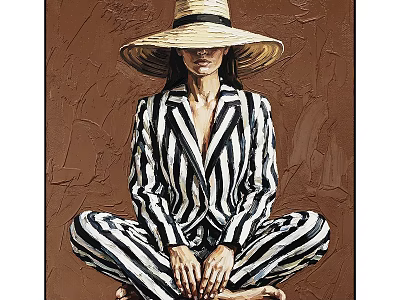 Abstract Painting Featuring Woman in Black White Striped Suit With Straw Hat Brown Background Texture 3d model